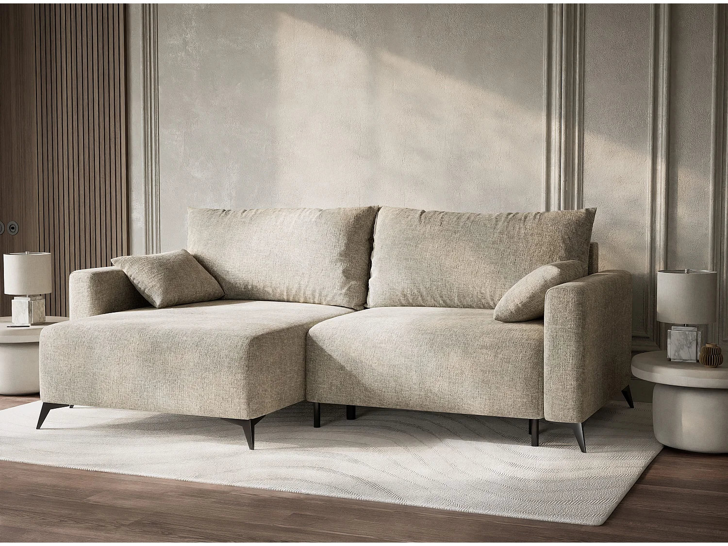 Canapé d'angle gauche avec fonction lit en tissu chenille beige LEON