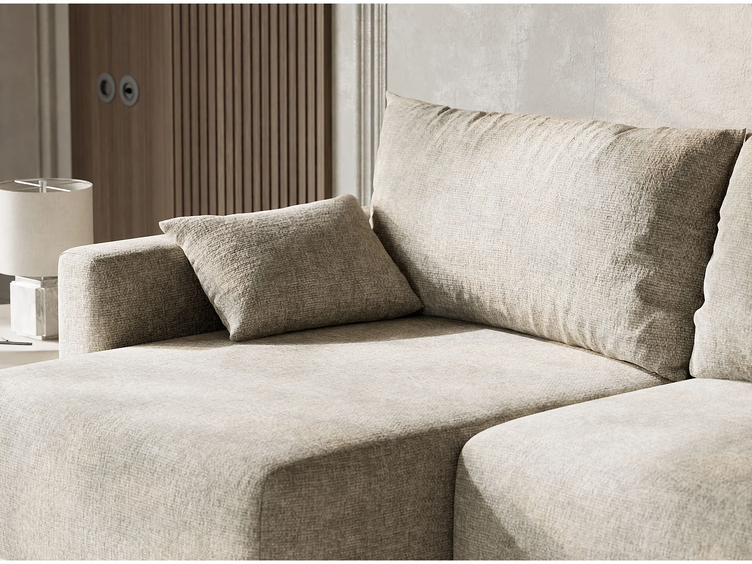 Canapé d'angle gauche avec fonction lit en tissu chenille beige LEON