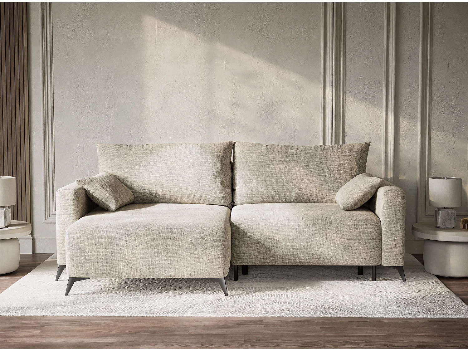 Canapé d'angle gauche avec fonction lit en tissu chenille beige LEON