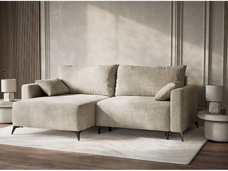 Canapé d'angle gauche avec fonction lit en tissu chenille beige LEON