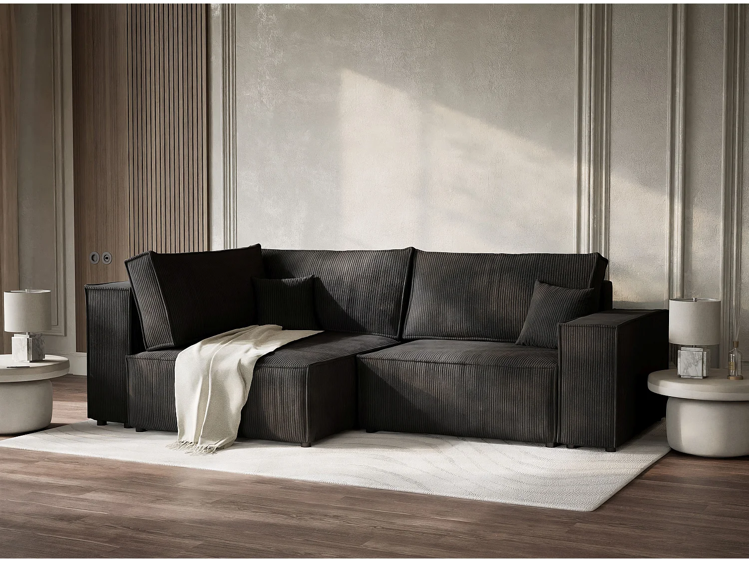 Canapé d'angle gauche avec fonction lit en velours graphite TONGA