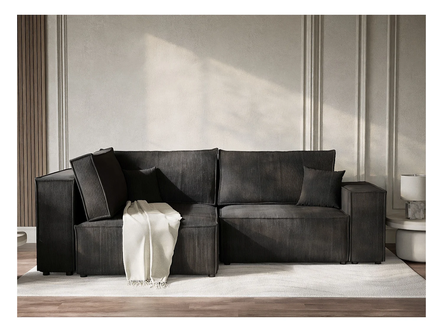 Canapé d'angle gauche avec fonction lit en velours graphite TONGA