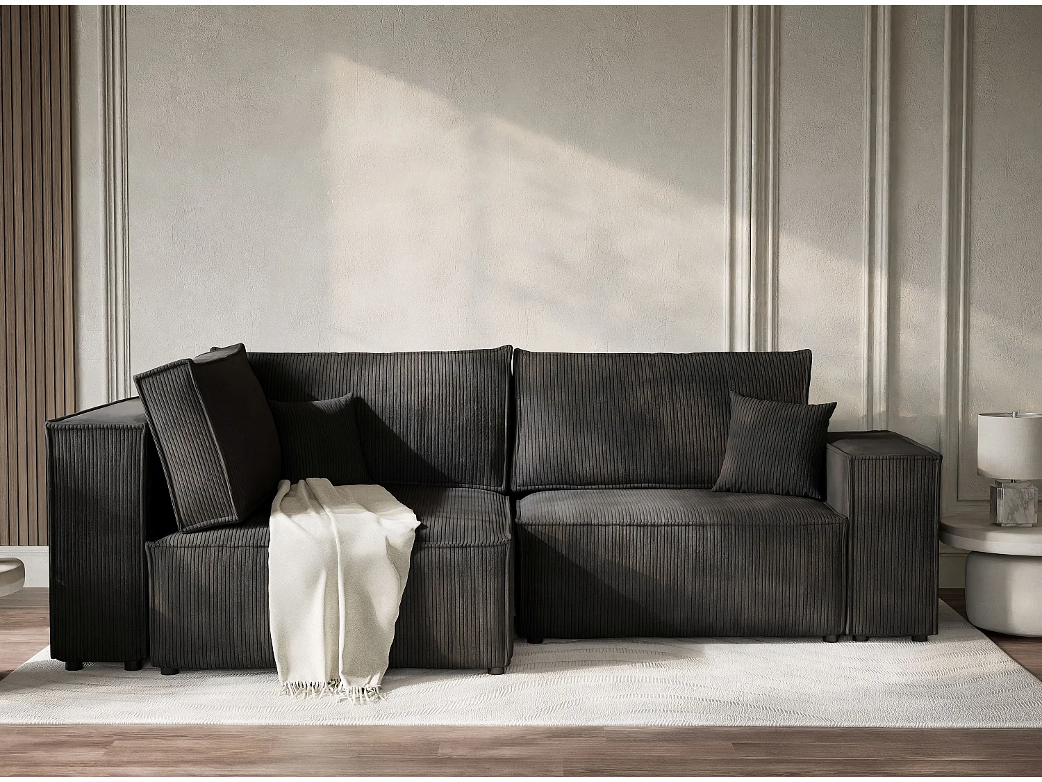 Canapé d'angle gauche avec fonction lit en velours graphite TONGA