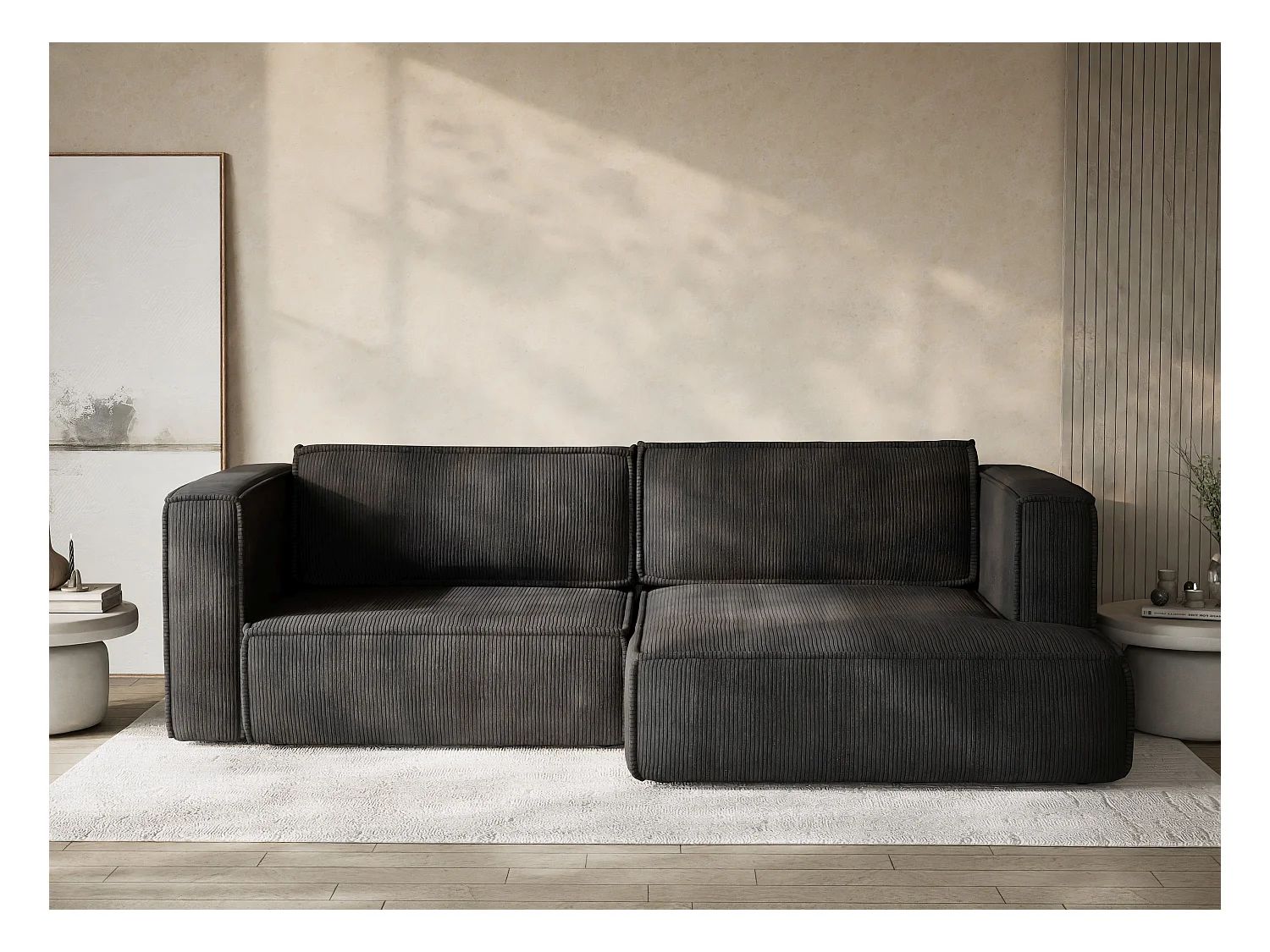 Canapé d'angle droit avec fonction lit en velours graphite VELTO