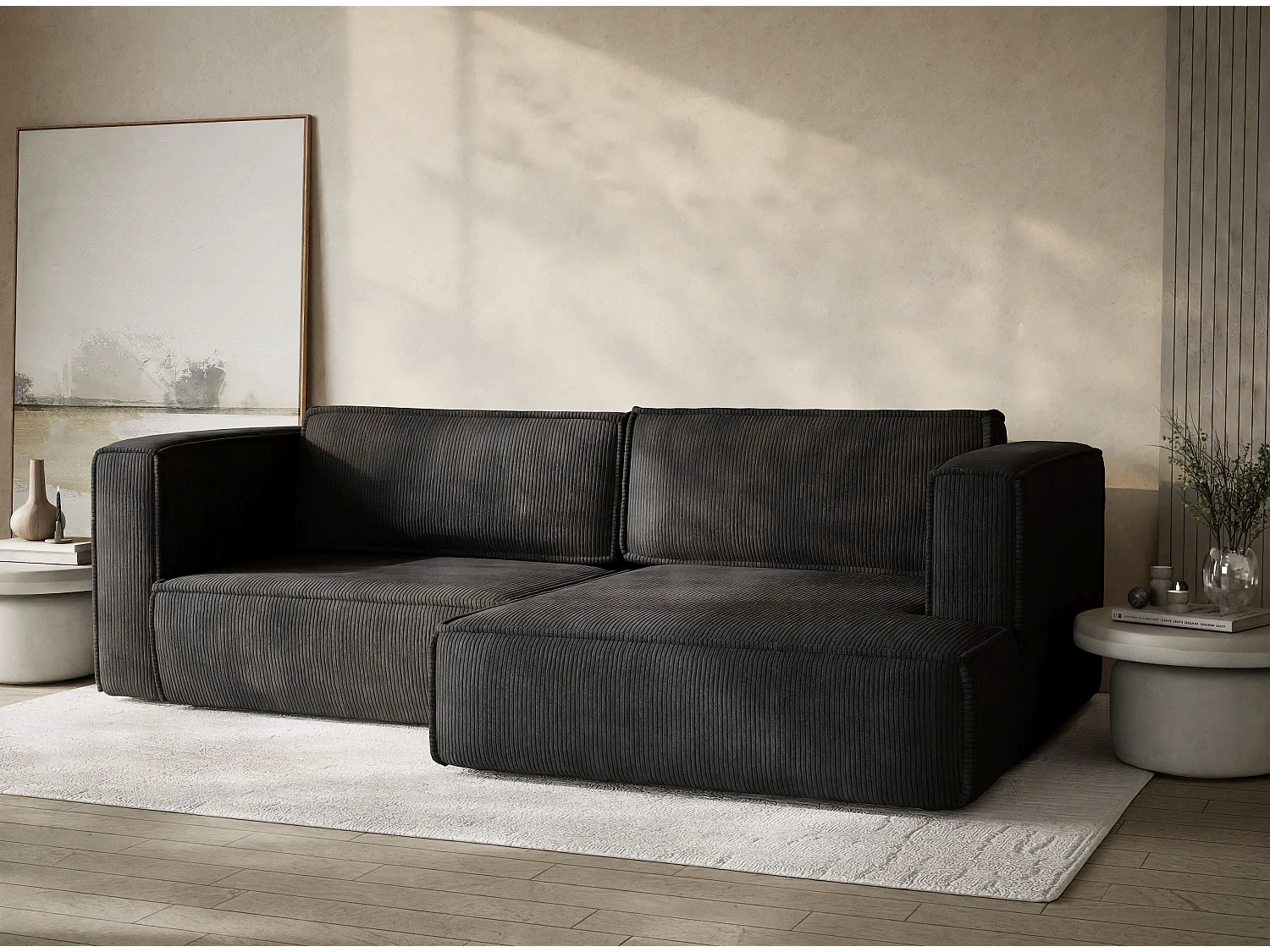 Canapé d'angle droit avec fonction lit en velours graphite VELTO