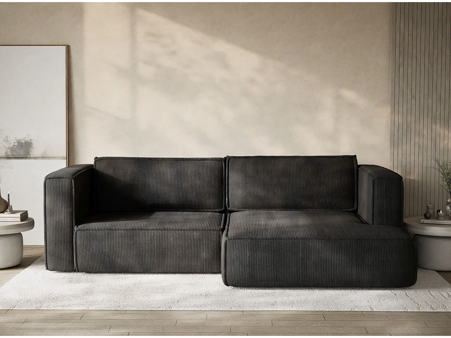 Canapé d'angle droit avec fonction lit en velours graphite VELTO