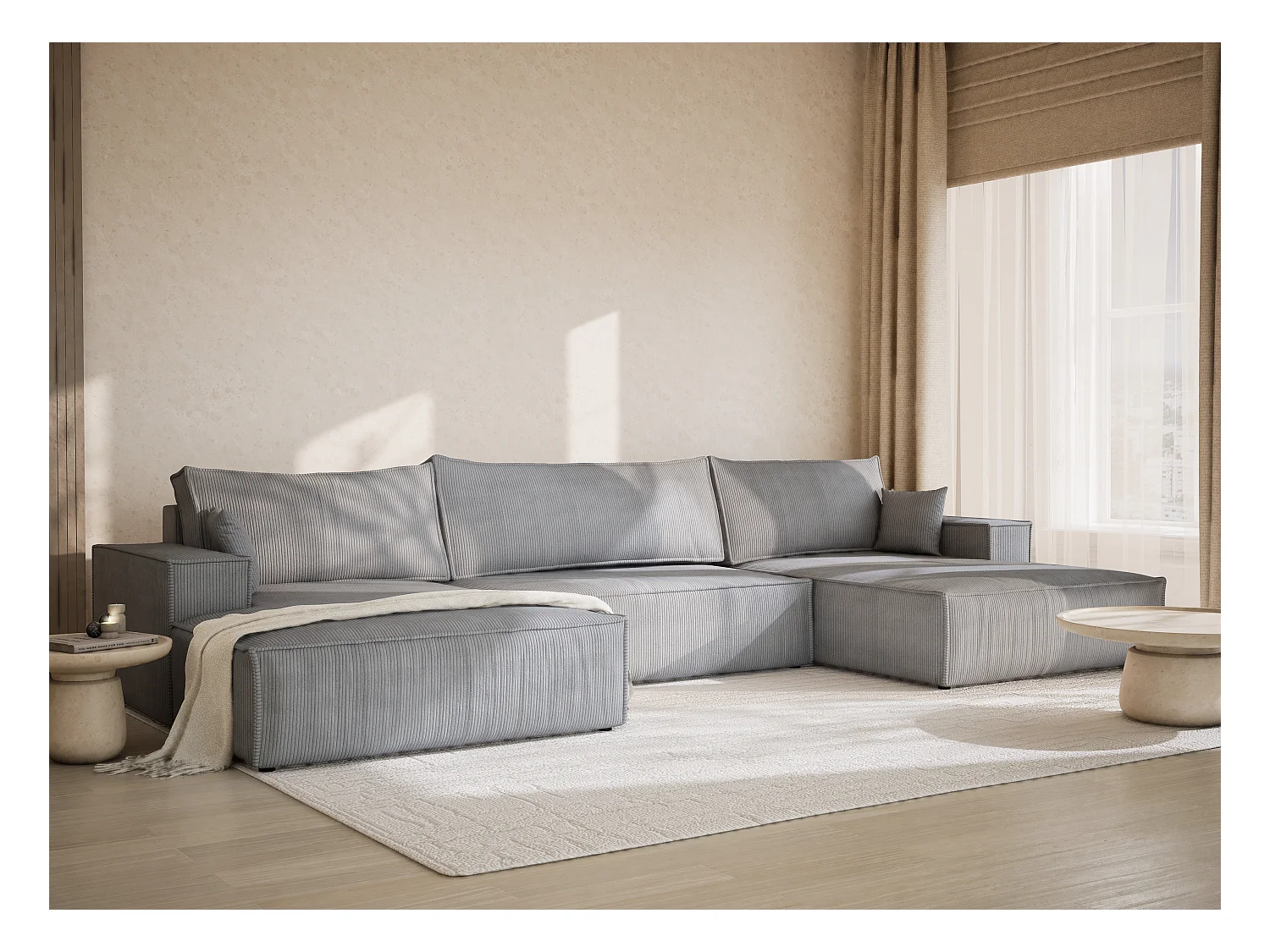 Canapé d'angle panoramique avec fonction lit en velours gris clair KYOTO