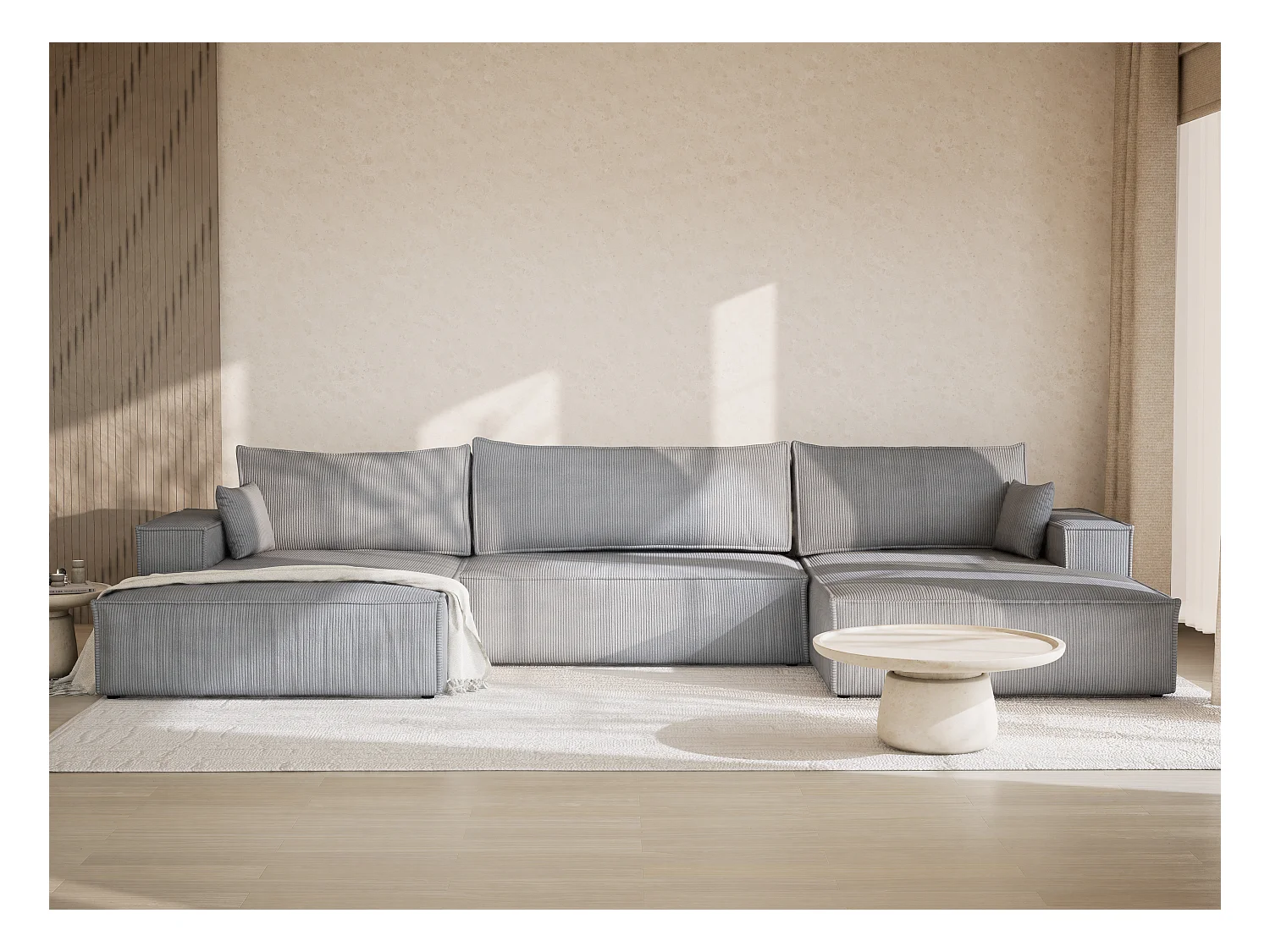 Canapé d'angle panoramique avec fonction lit en velours gris clair KYOTO