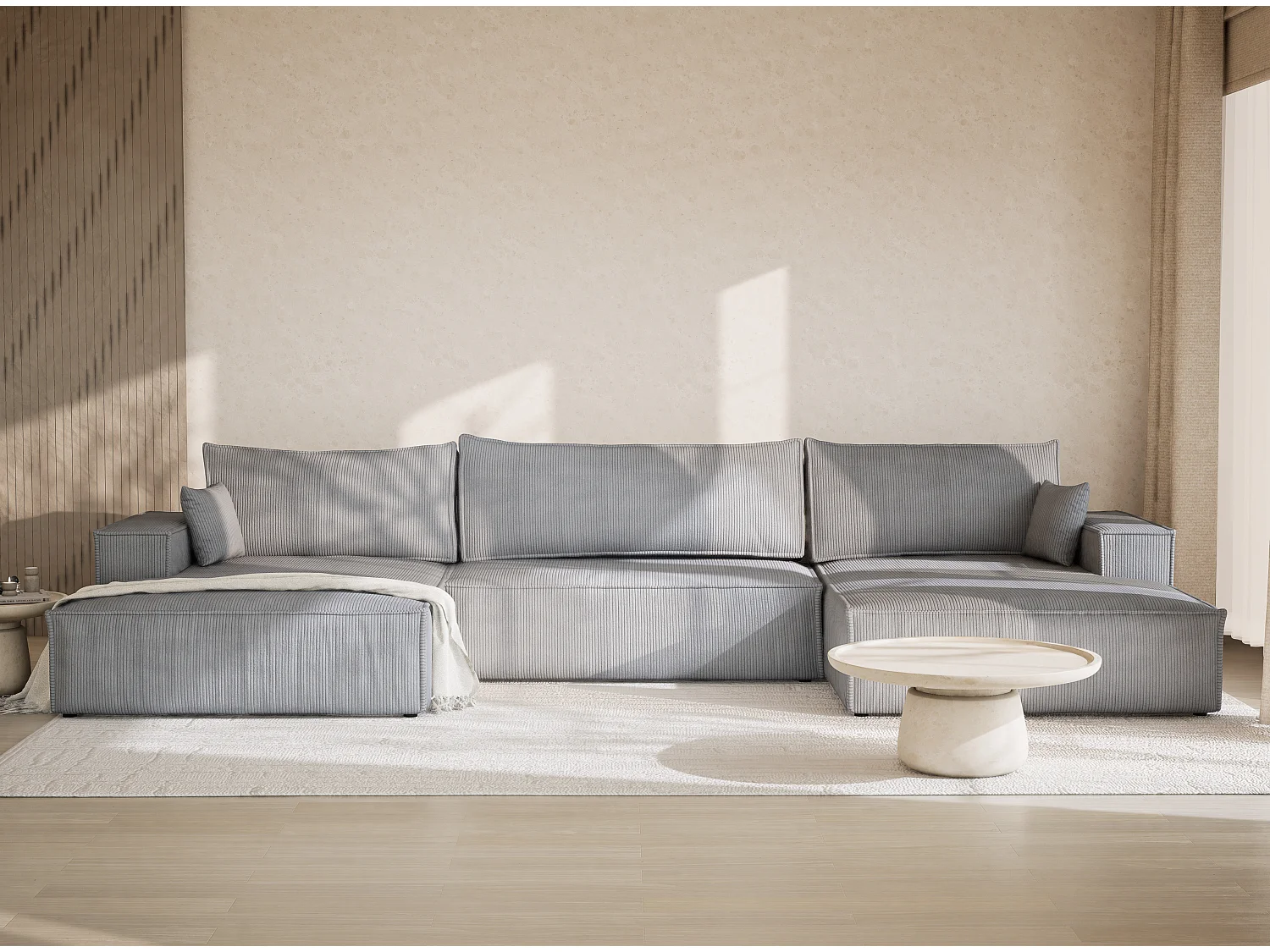 Canapé d'angle panoramique avec fonction lit en velours gris clair KYOTO