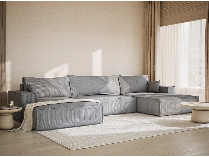 Panoramische hoekbank met slaapfunctie in fluweel grijs clair KYOTO