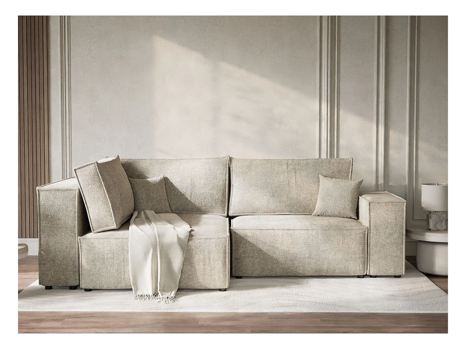 Canapé d'angle gauche avec fonction lit en tissu chenille beige TONGA