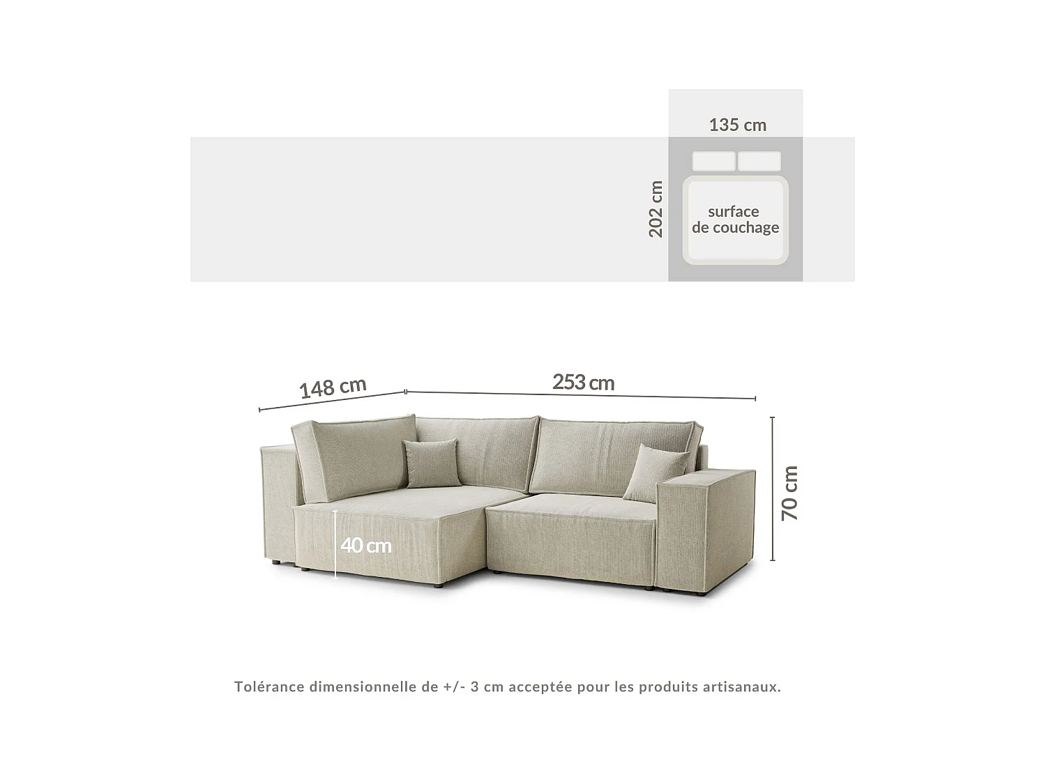 Canapé d'angle gauche avec fonction lit en tissu chenille beige TONGA