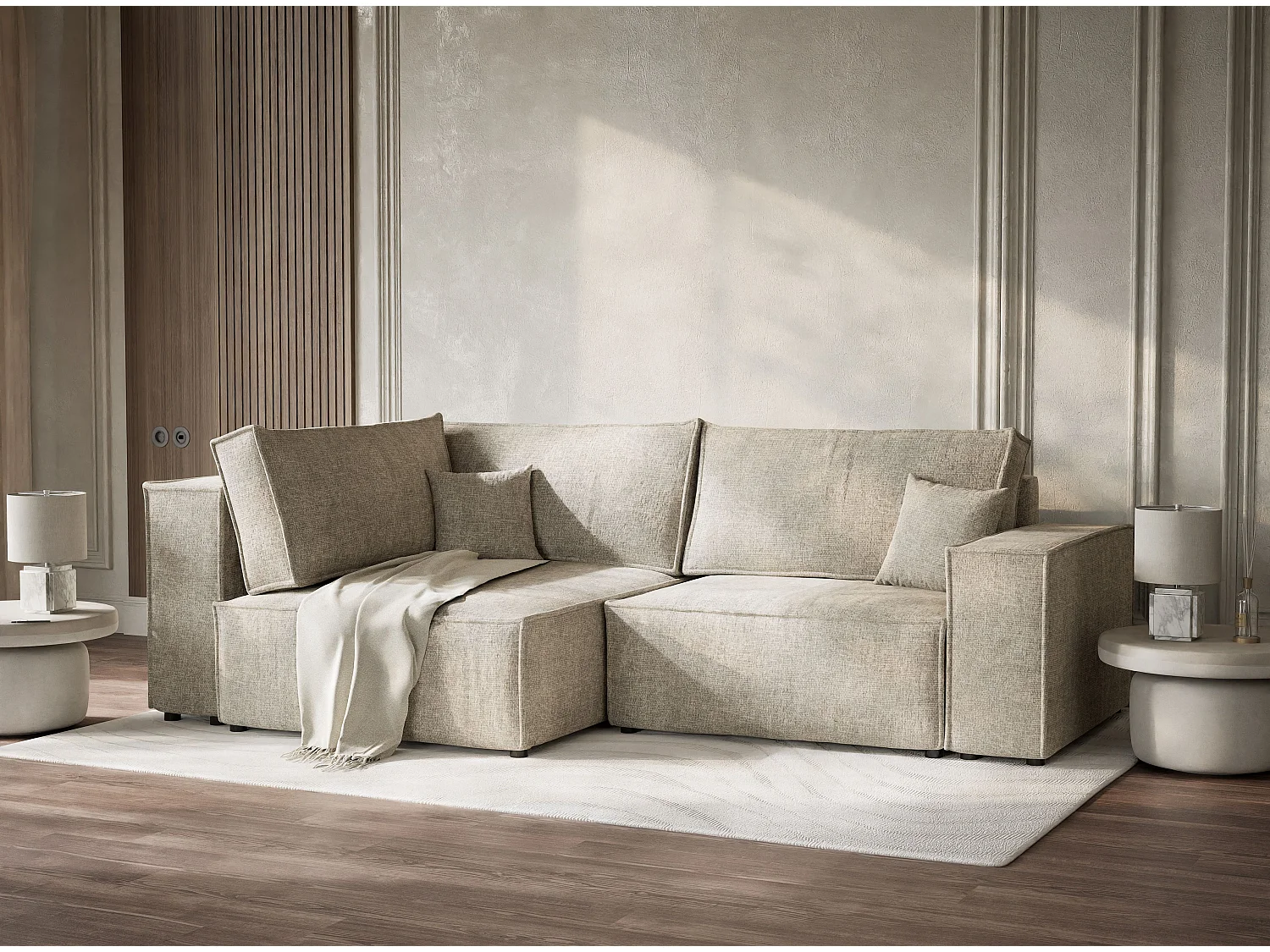 Canapé d'angle gauche avec fonction lit en tissu chenille beige TONGA