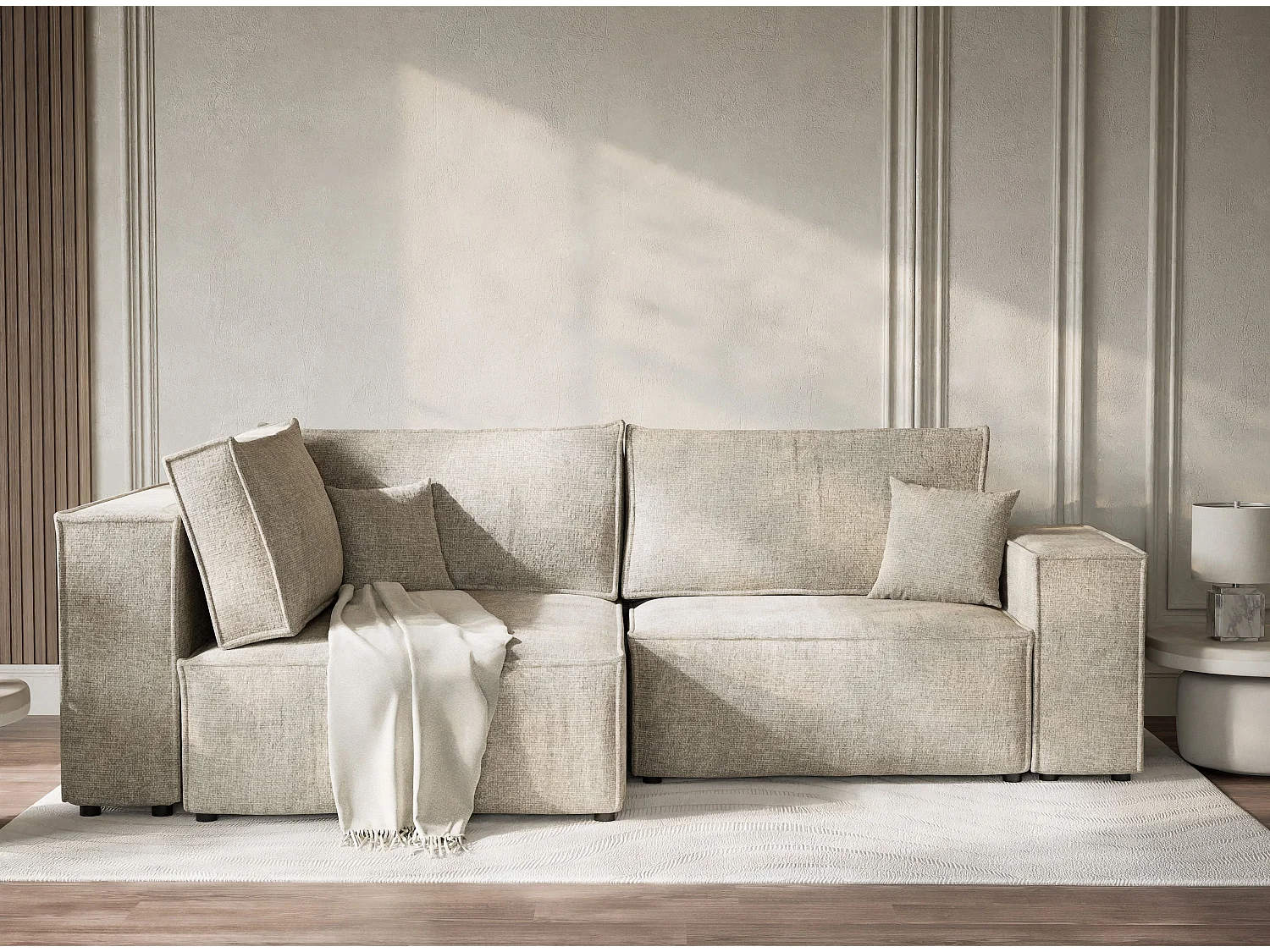 Canapé d'angle gauche avec fonction lit en tissu chenille beige TONGA