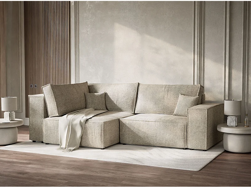 Canapé d'angle gauche avec fonction lit en tissu chenille beige TONGA