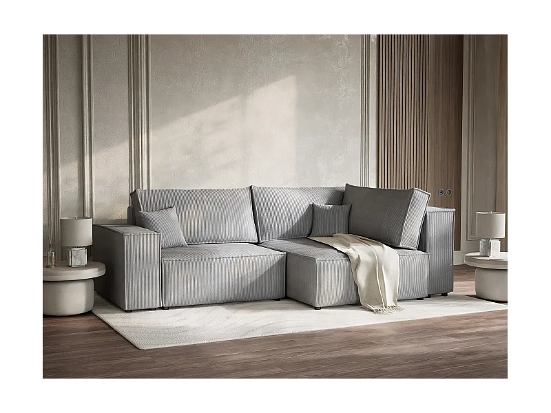 Canapé d'angle droit avec fonction lit en velours gris clair TONGA