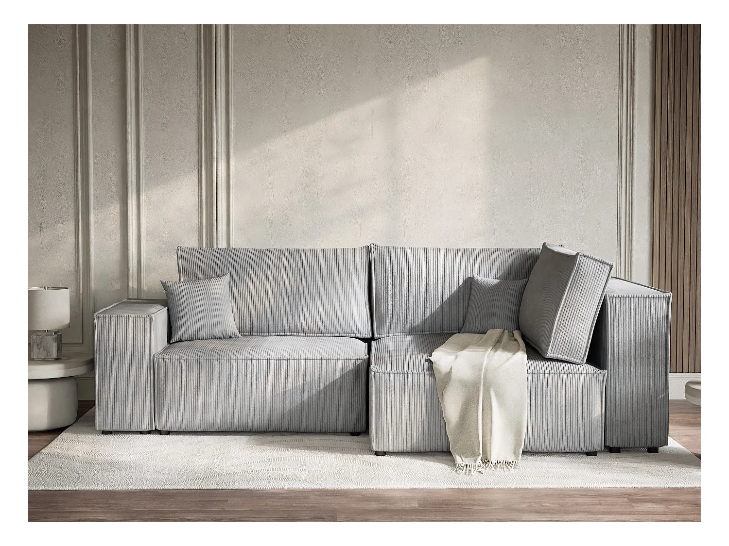 Canapé d'angle droit avec fonction lit en velours gris clair TONGA