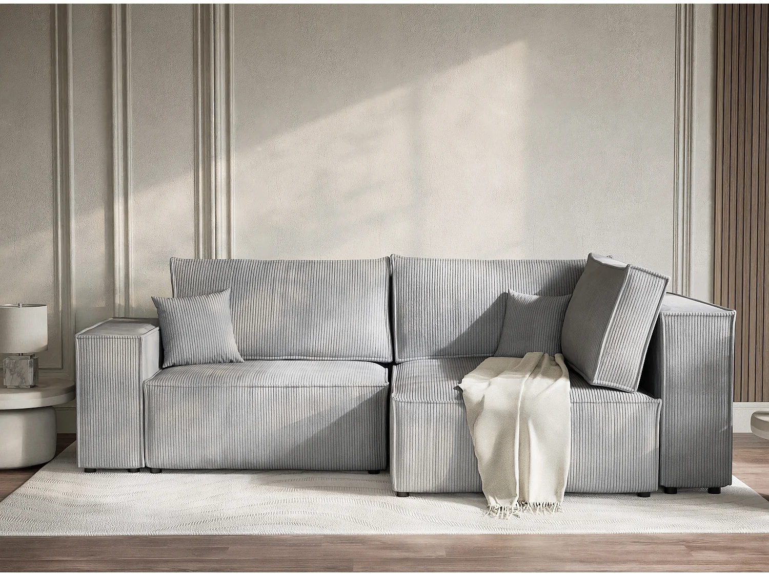 Canapé d'angle droit avec fonction lit en velours gris clair TONGA