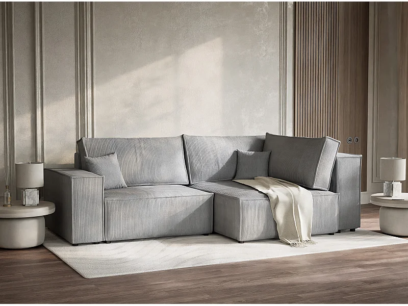 Ecksofa mit Schlaffunktion - Ecke Rechts - 3-Sitzer - Samtstoff - hellgrau - TONGA