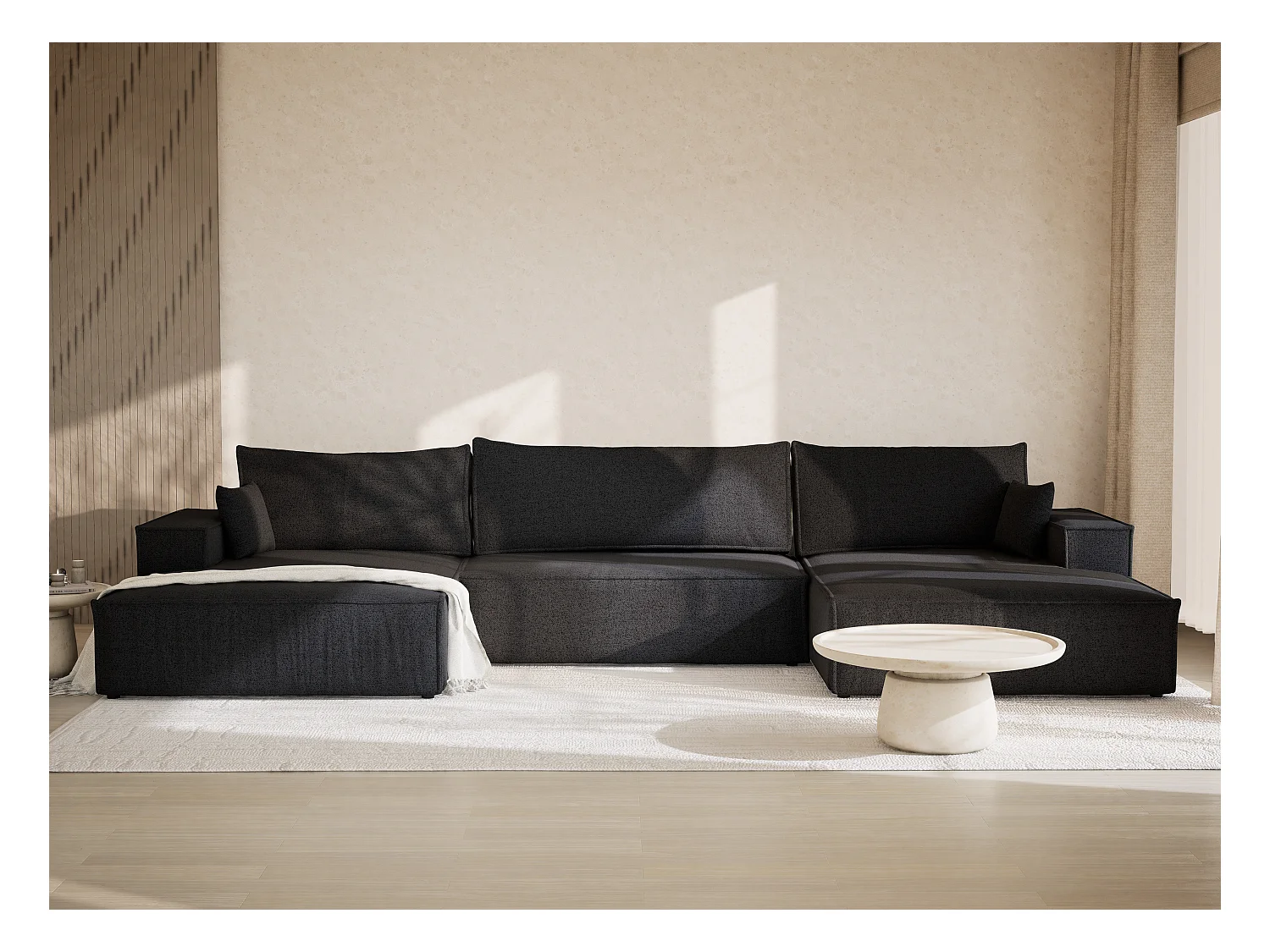 Canapé d'angle panoramique avec fonction lit en tissu tressé graphite KYOTO