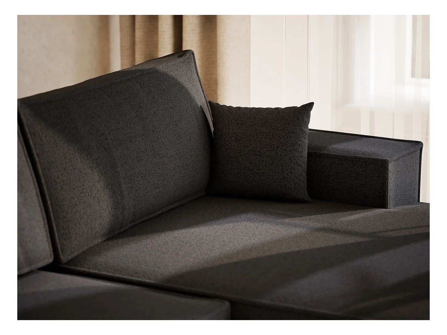 Canapé d'angle panoramique avec fonction lit en tissu tressé graphite KYOTO