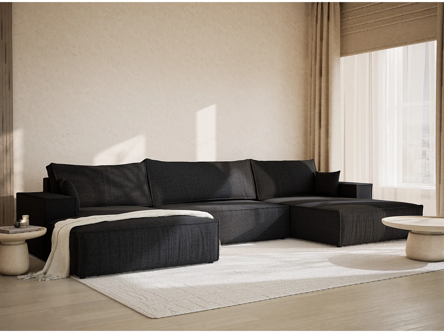 Canapé d'angle panoramique avec fonction lit en tissu tressé graphite KYOTO