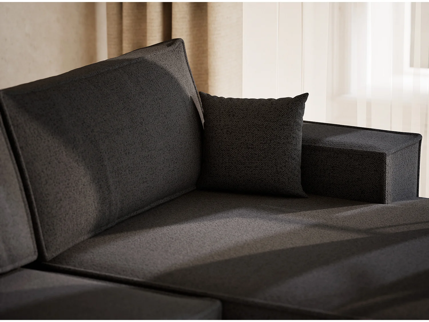 Canapé d'angle panoramique avec fonction lit en tissu tressé graphite KYOTO