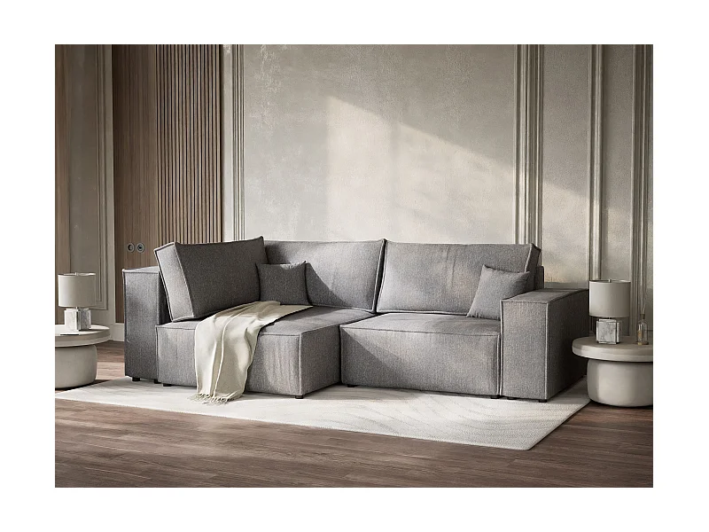 Canapé d'angle gauche avec fonction lit en tissu tressé gris TONGA