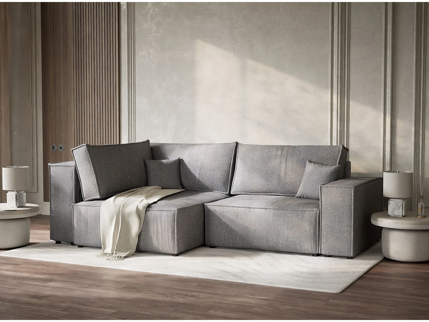 Canapé d'angle gauche avec fonction lit en tissu tressé gris TONGA