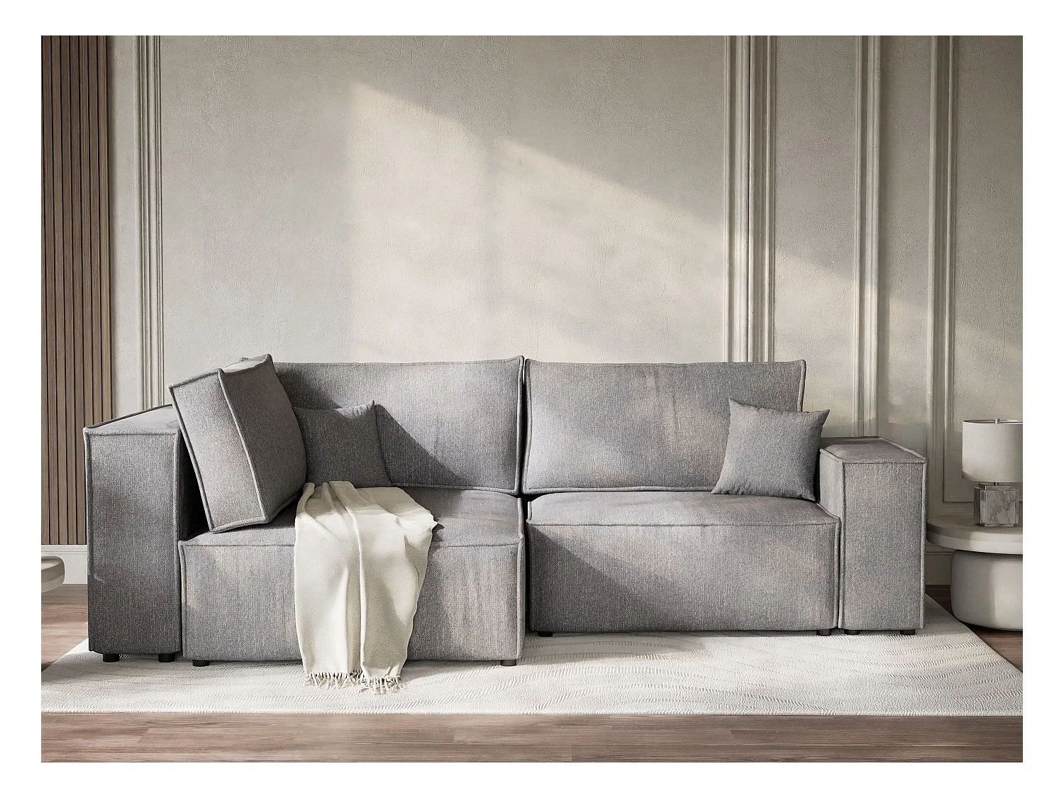 Canapé d'angle gauche avec fonction lit en tissu tressé gris TONGA