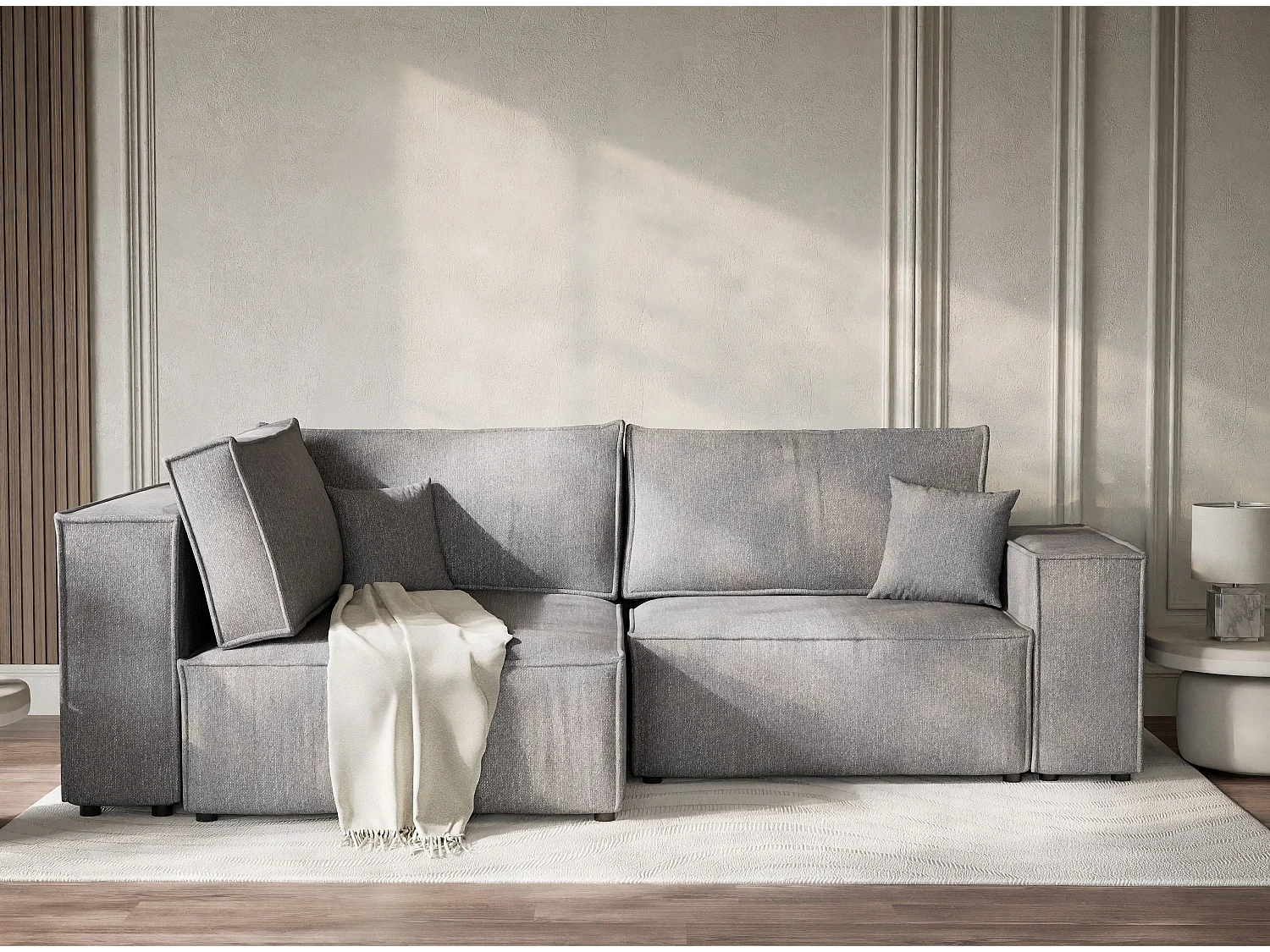 Canapé d'angle gauche avec fonction lit en tissu tressé gris TONGA