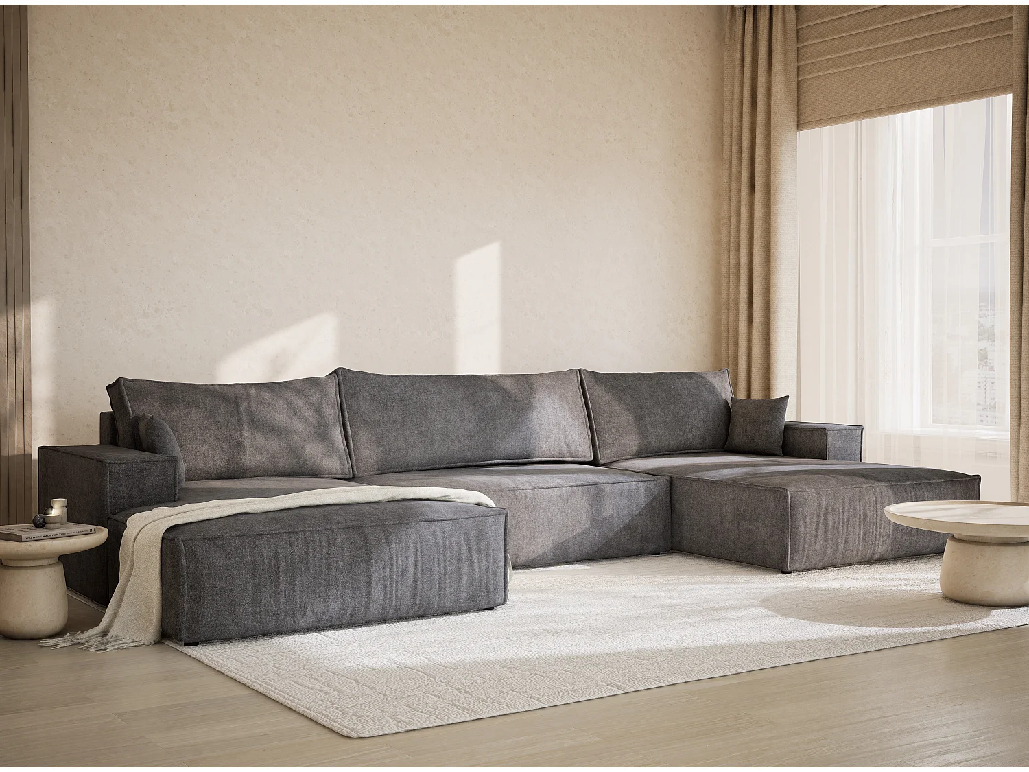 Canapé d'angle panoramique avec fonction lit en tissu chenille gris KYOTO