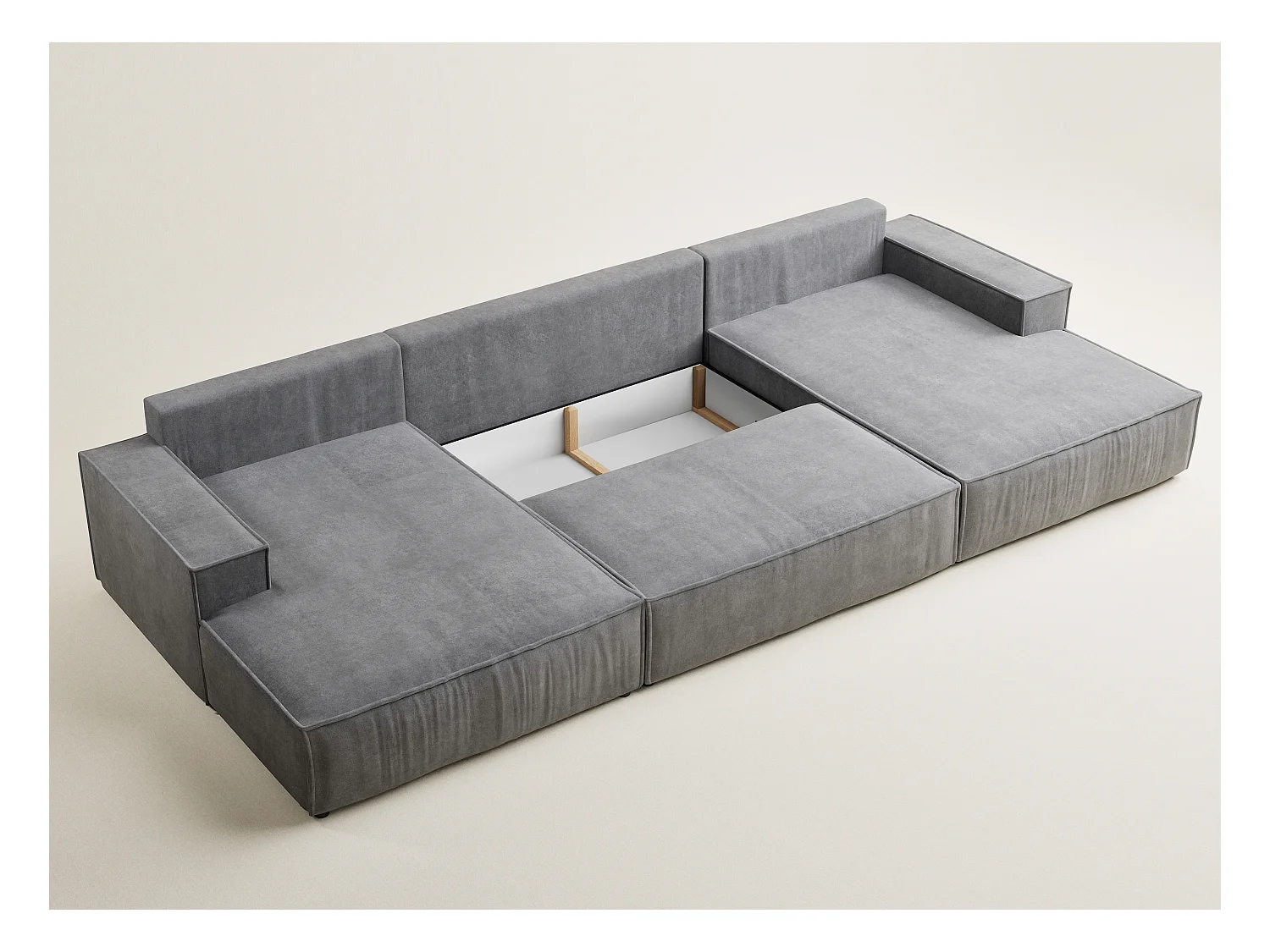 Canapé d'angle panoramique avec fonction lit en tissu chenille gris KYOTO