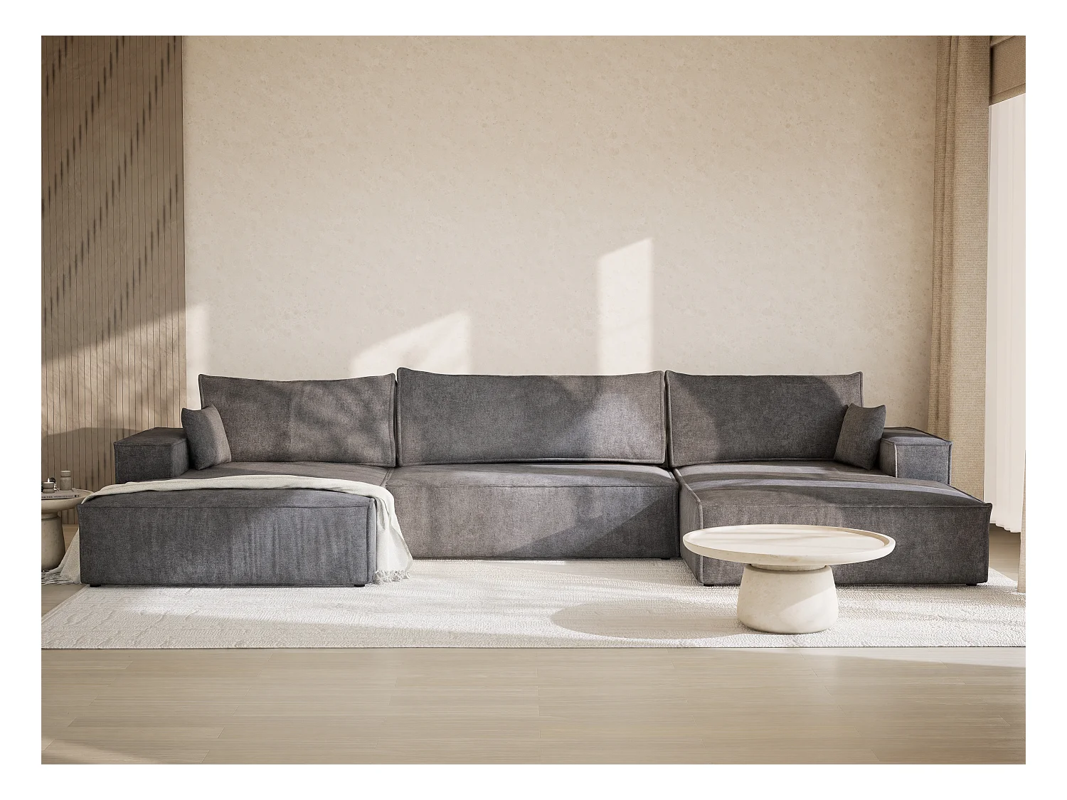 Canapé d'angle panoramique avec fonction lit en tissu chenille gris KYOTO