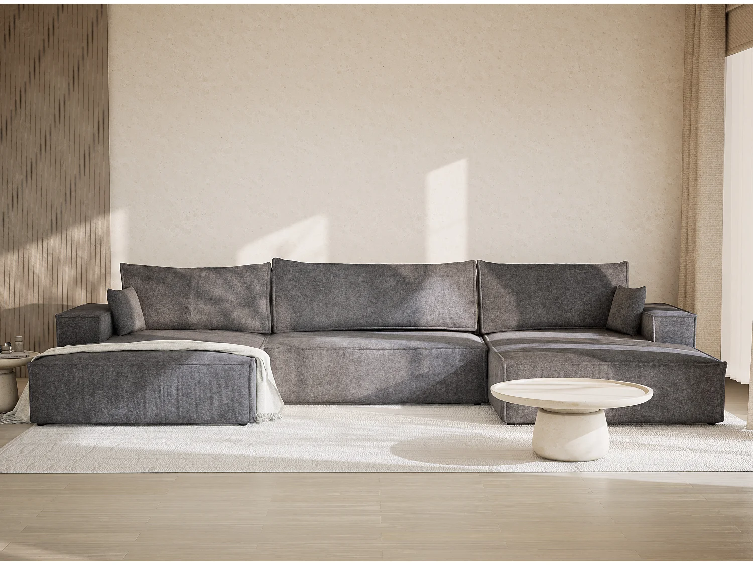 Canapé d'angle panoramique avec fonction lit en tissu chenille gris KYOTO