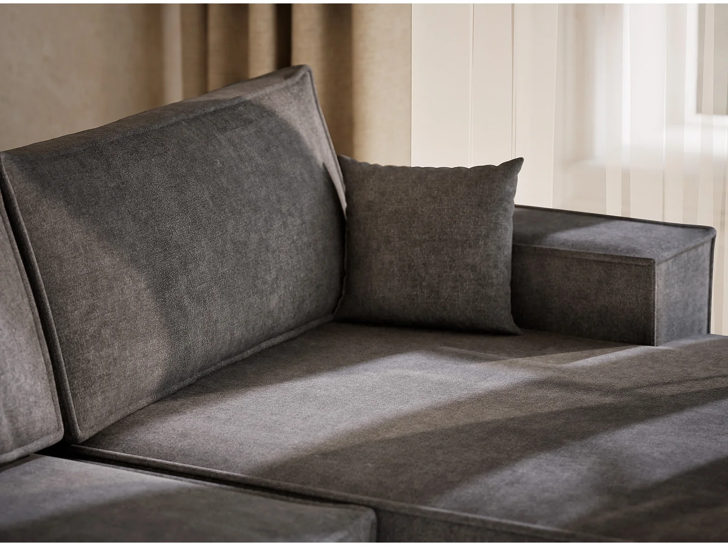 Canapé d'angle panoramique avec fonction lit en tissu chenille gris KYOTO