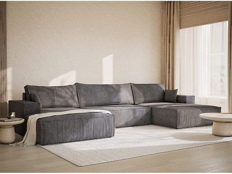 Canapé d'angle panoramique avec fonction lit en tissu chenille gris KYOTO