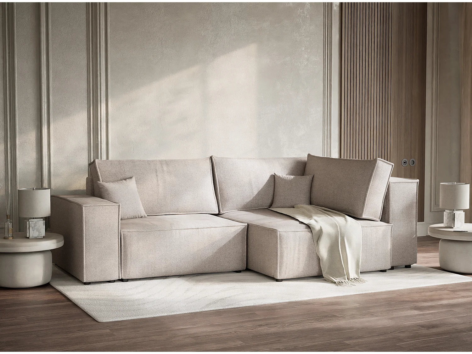 Canapé d'angle droit avec fonction lit en tissu tressé beige TONGA