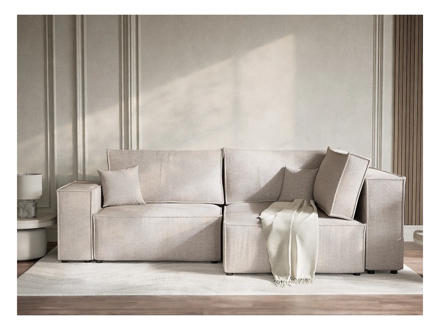 Canapé d'angle droit avec fonction lit en tissu tressé beige TONGA