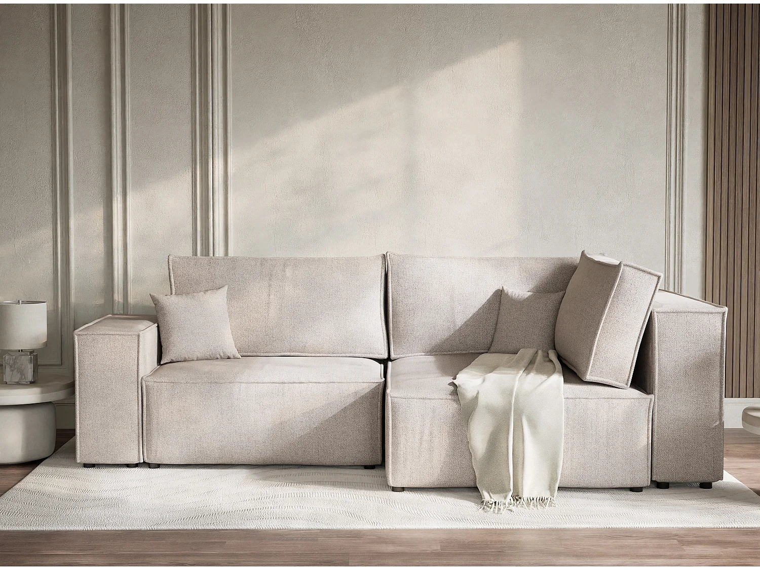 Canapé d'angle droit avec fonction lit en tissu tressé beige TONGA