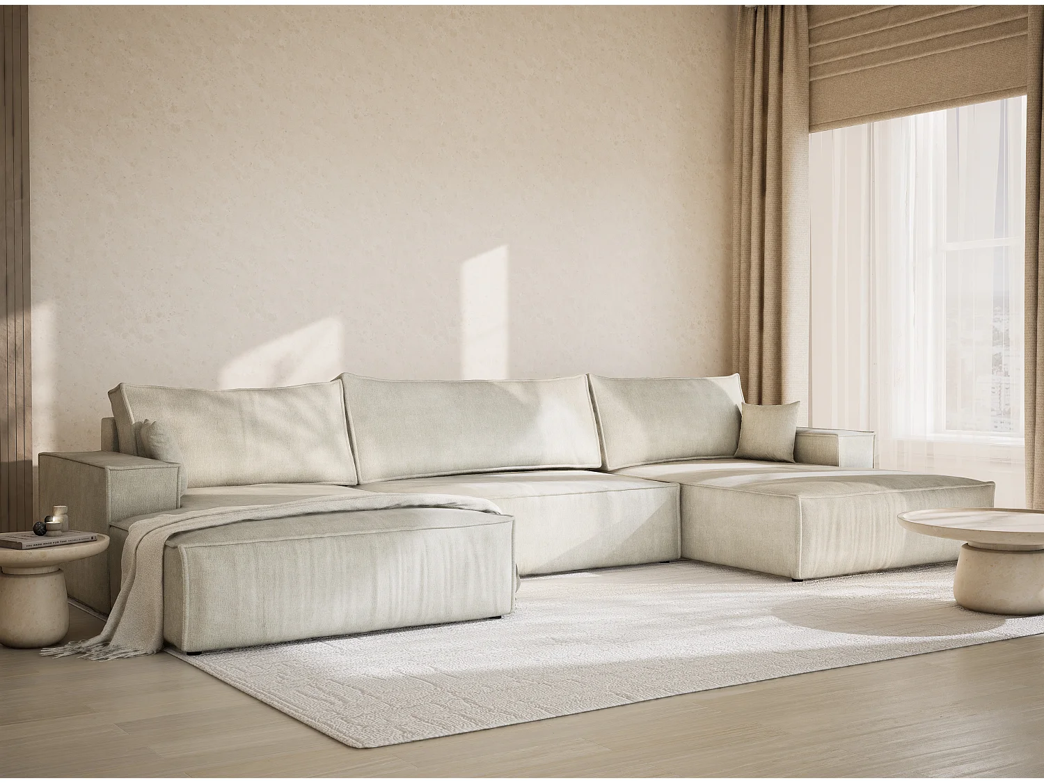 Canapé d'angle panoramique avec fonction lit en tissu chenille creme KYOTO