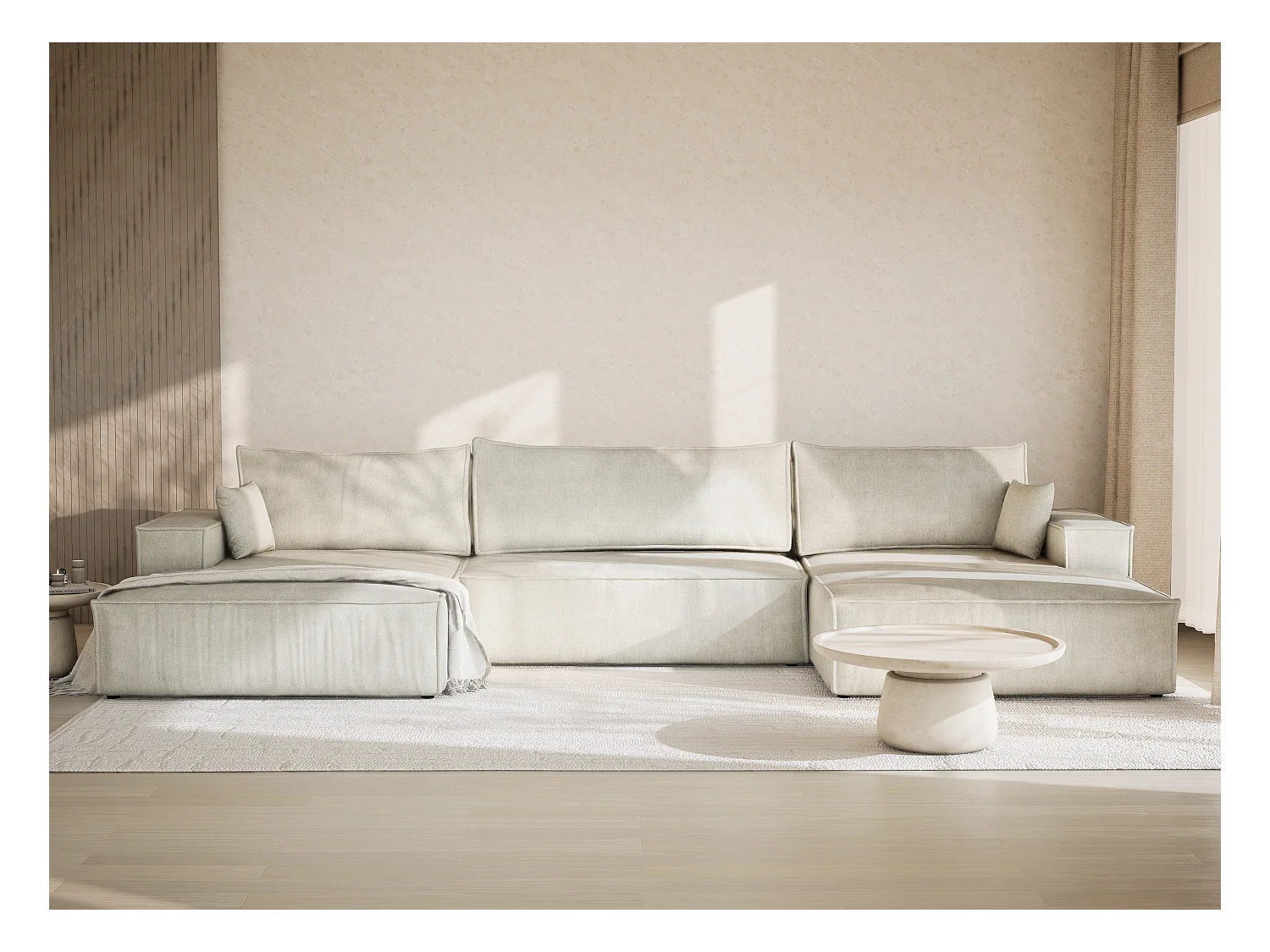 Canapé d'angle panoramique avec fonction lit en tissu chenille creme KYOTO