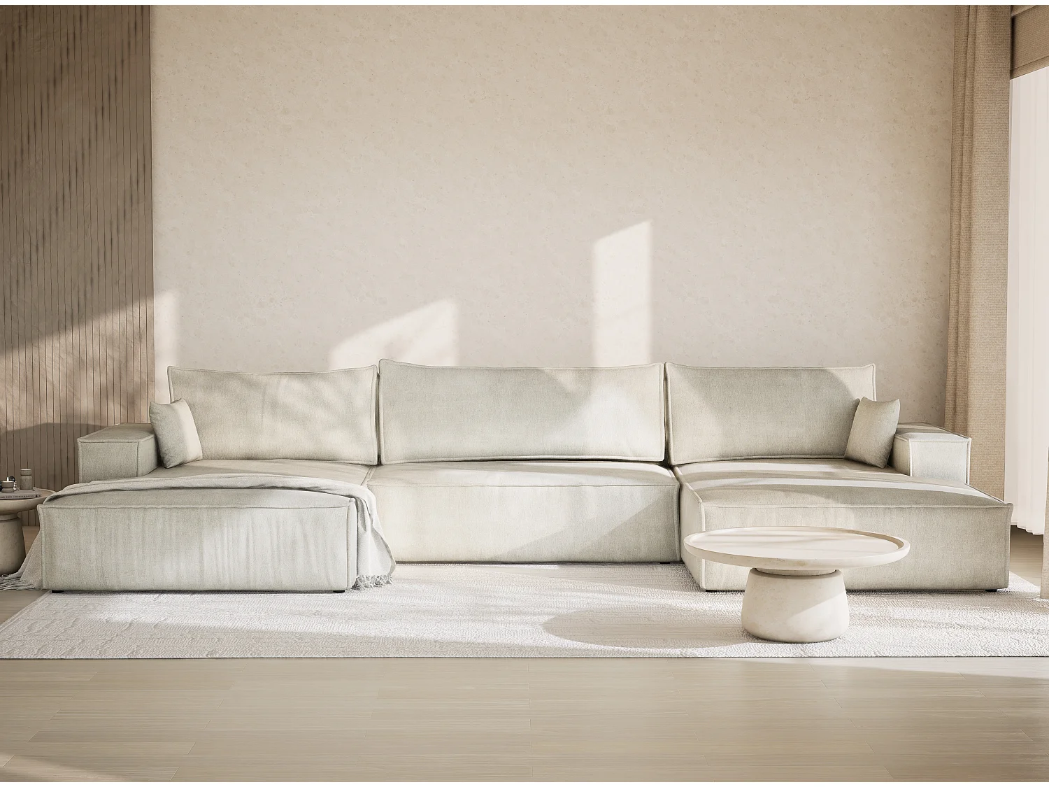 Canapé d'angle panoramique avec fonction lit en tissu chenille creme KYOTO