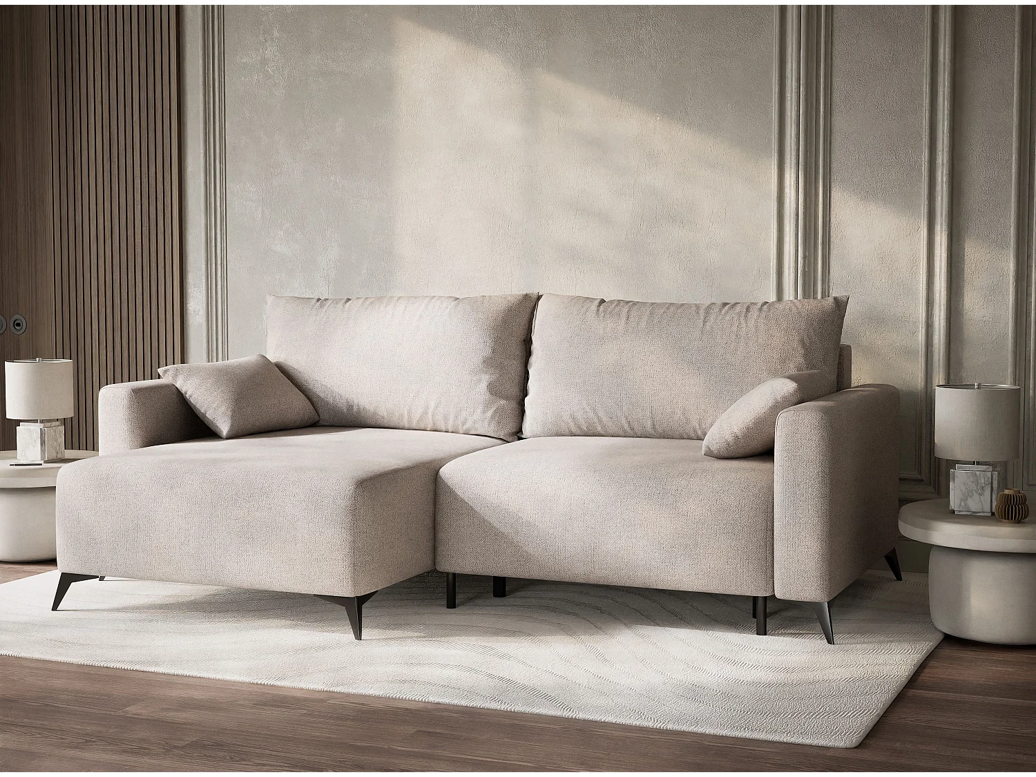 Canapé d'angle gauche avec fonction lit en tissu tressé beige LEON