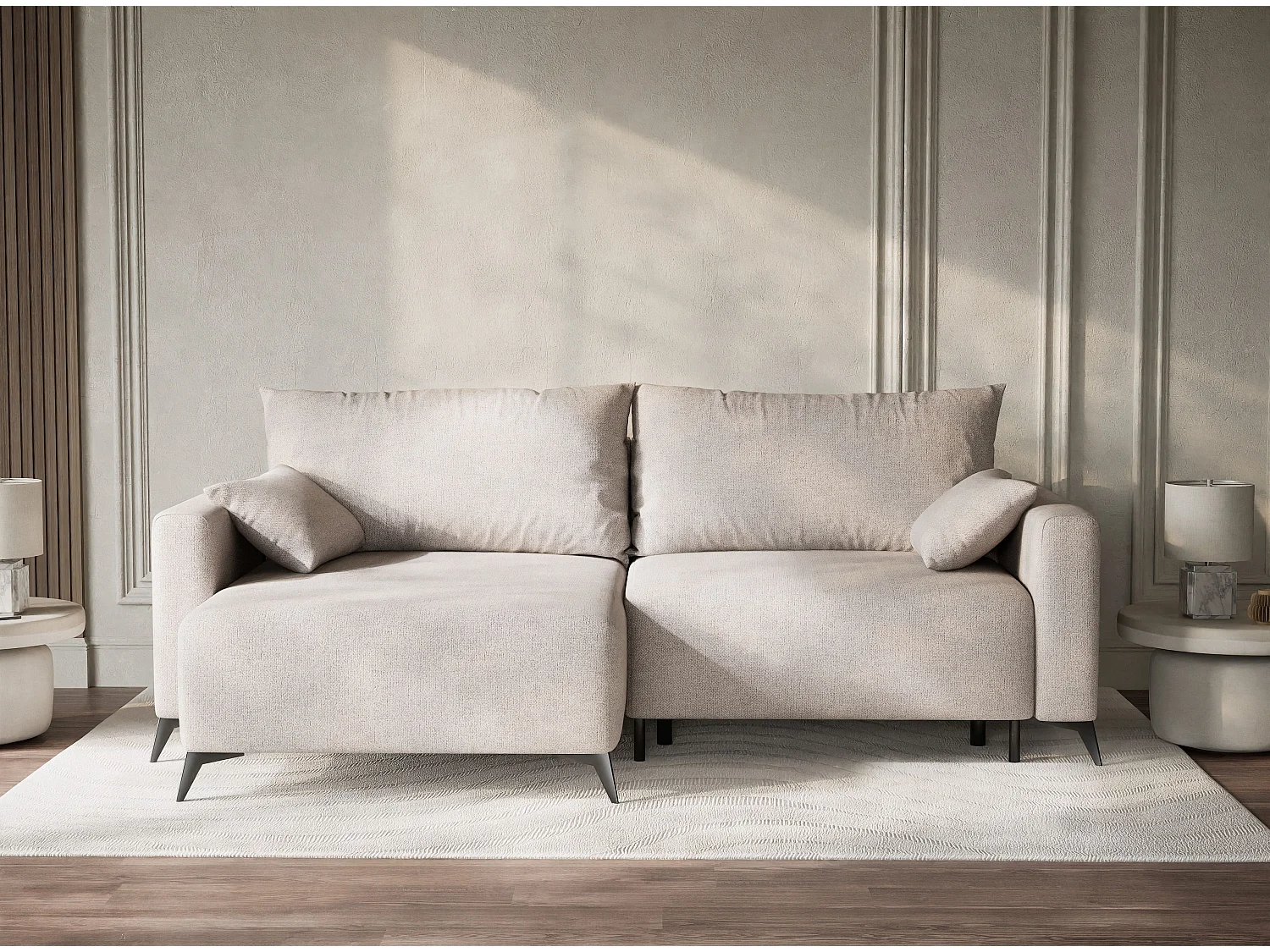 Canapé d'angle gauche avec fonction lit en tissu tressé beige LEON