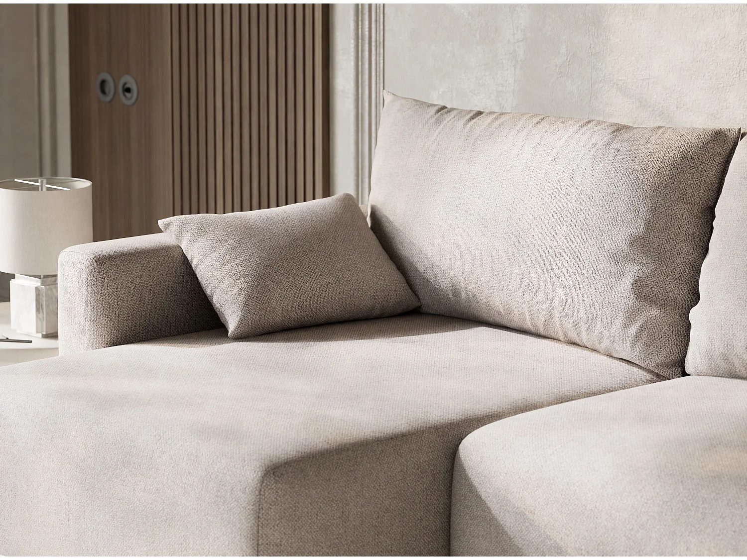 Canapé d'angle gauche avec fonction lit en tissu tressé beige LEON