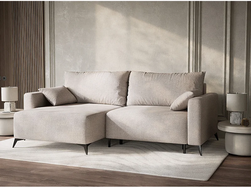 Canapé d'angle gauche avec fonction lit en tissu tressé beige LEON