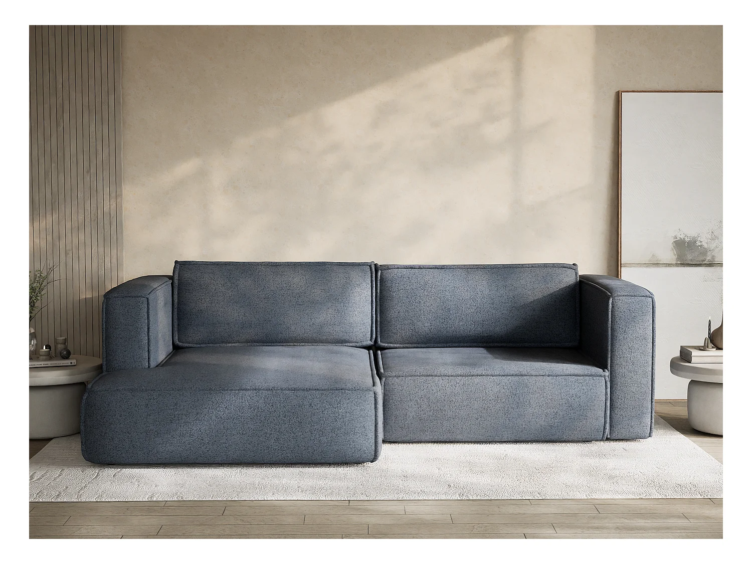 Canapé d'angle droit avec fonction lit en tissu tressé bleu gris VELTO