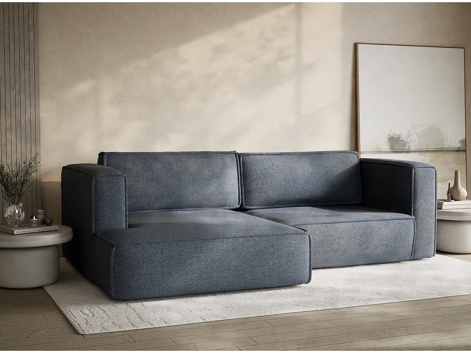 Canapé d'angle droit avec fonction lit en tissu tressé bleu gris VELTO