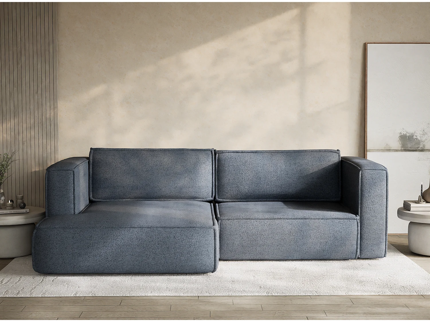 Canapé d'angle droit avec fonction lit en tissu tressé bleu gris VELTO